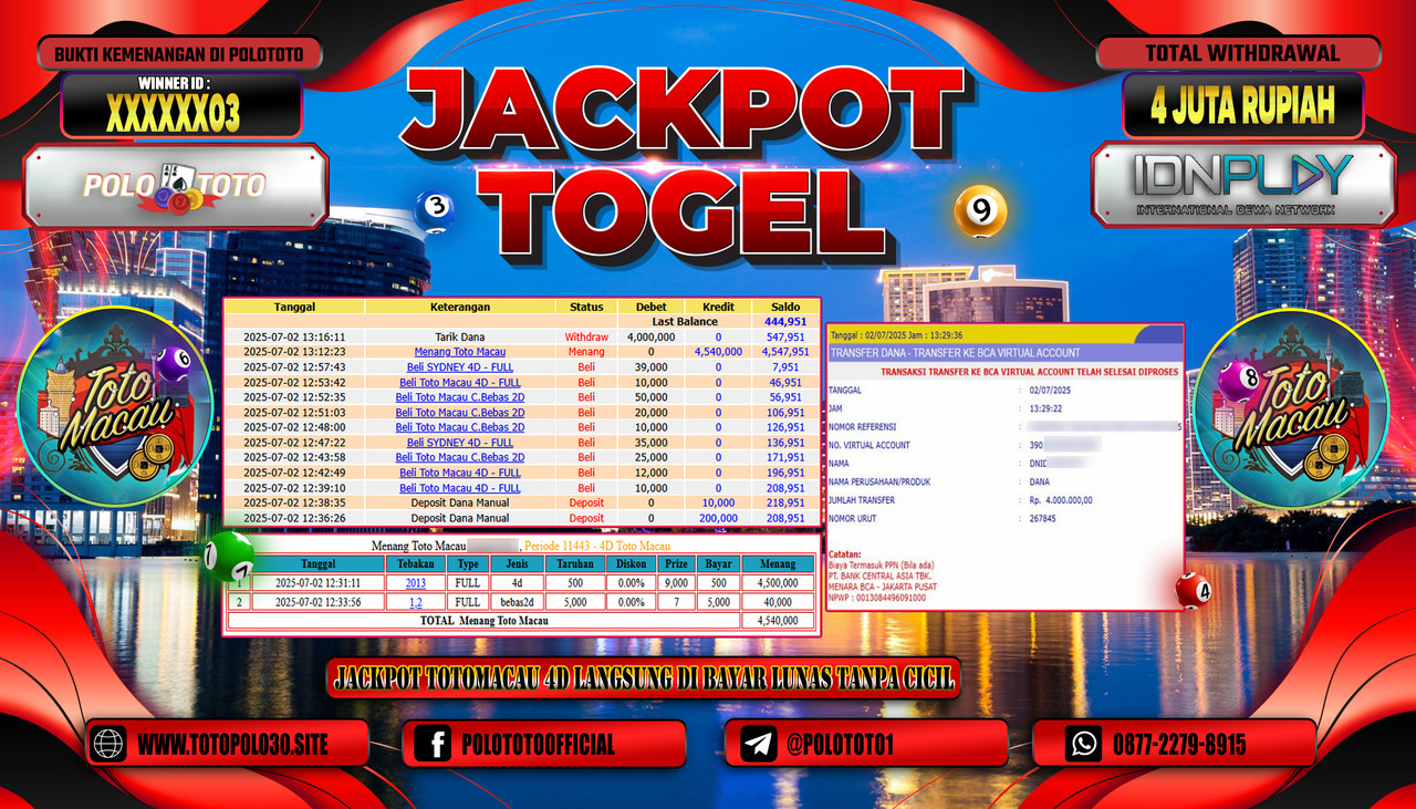 POLOTOTO JACKPOT TOGEL PASARAN TOTO MACAU Rp.4.000.000,- LUNAS