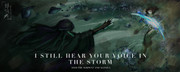 digital art of sith the serpent and alesiya from infinity nikki in a green blur with blue flowers scattered around, with alesiya illuminated by a large slash of bright blue light. The text reads: I STILL HEAR YOUR VOICE IN THE STORM; SITH THE SERPENT AND ALESIYA.