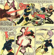 Accuracy-Optic Blast hits Nightcrawler after he BAMFS