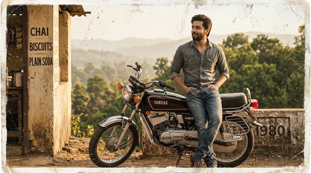 AI-generated example result for the Creative Images prompt: Vintage Yamaha RX100 Roadside Portrait by Prompt Craft