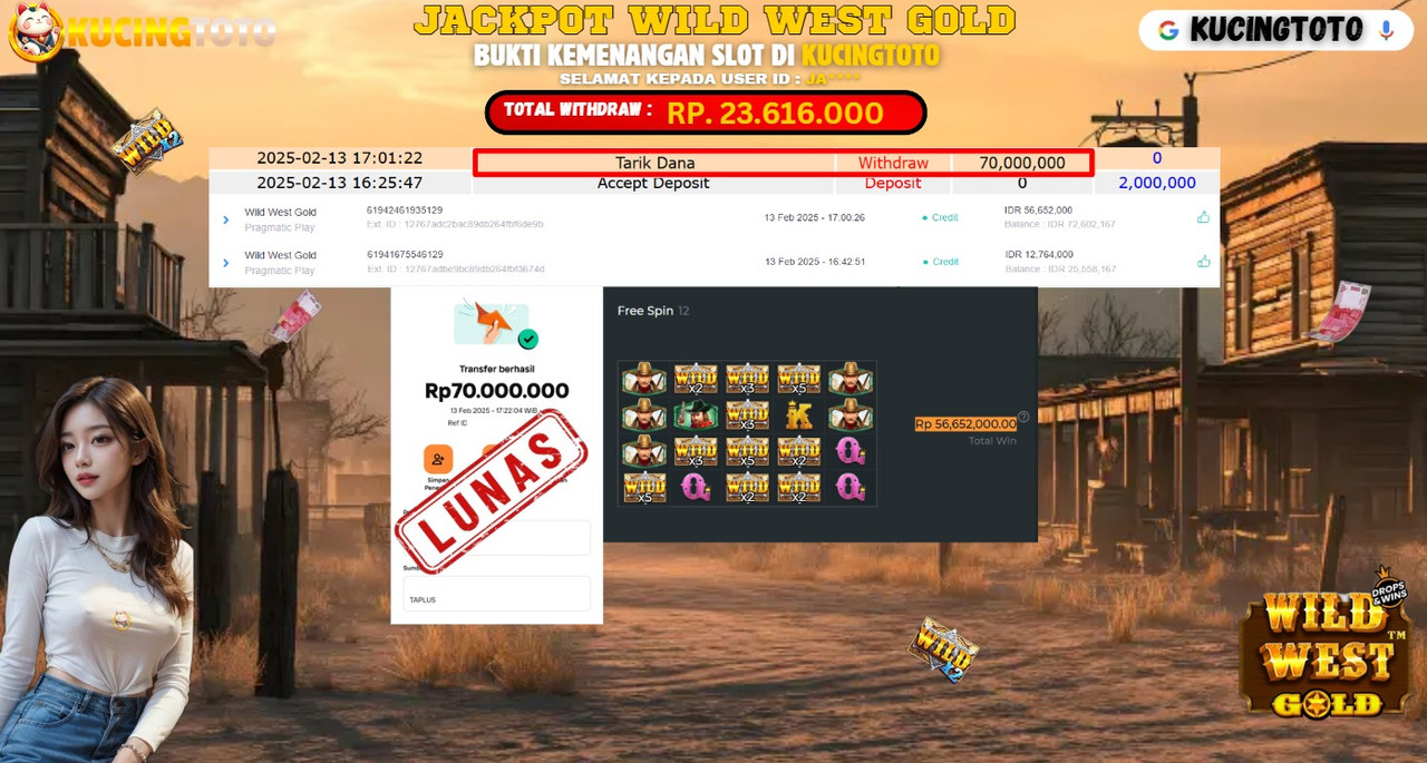 KUCINGTOTO JACKPOT SLOT WILD WEST GOLD RP.70.000.000.,- LUNAS