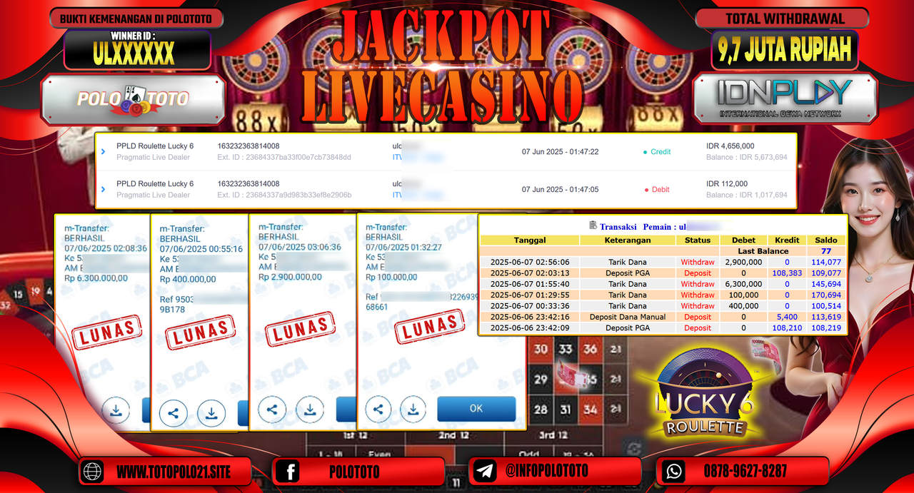 POLOTOTO JACKPOT LIVE CASINO PPLD ROULETTE LUCKY 6 Rp.9.700.000,-