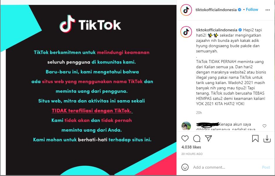 TikTok menegaskan jika pihaknya tidak berkaitan dengan aplikasi TikTok Cash.