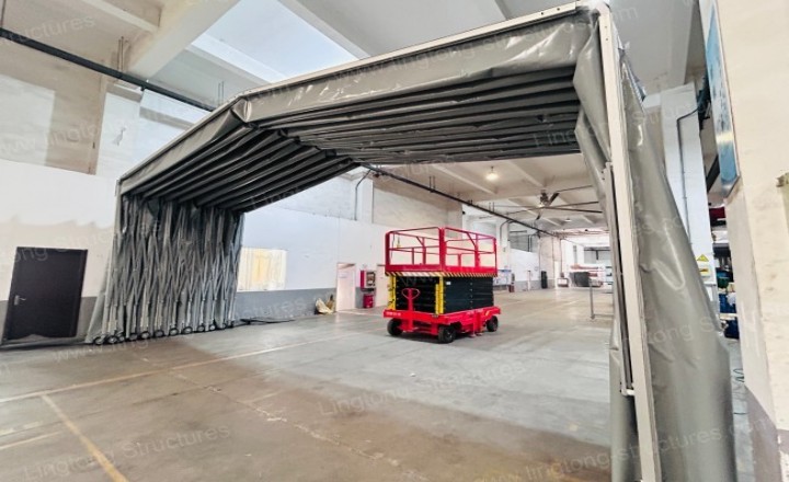 Retractable tent folded and retracted to save space