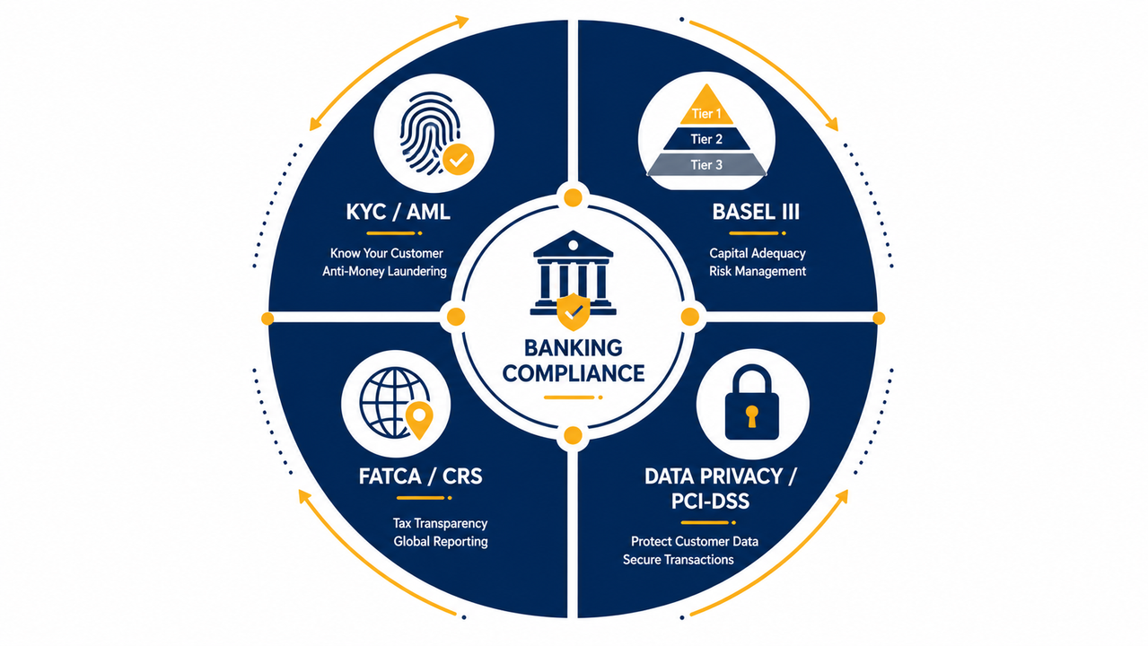 A circular compliance framework diagram for banking, with four sections