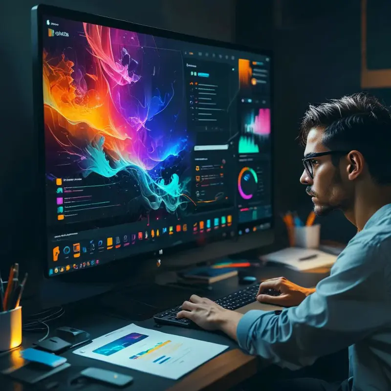 Student learning UI/UX design with laptop and design tools