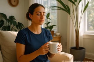 A woman sitting peacefully, holding a cup of hot tea in her hands. The atmosphere is quiet and relaxed, suggesting a moment of rest and reflection.