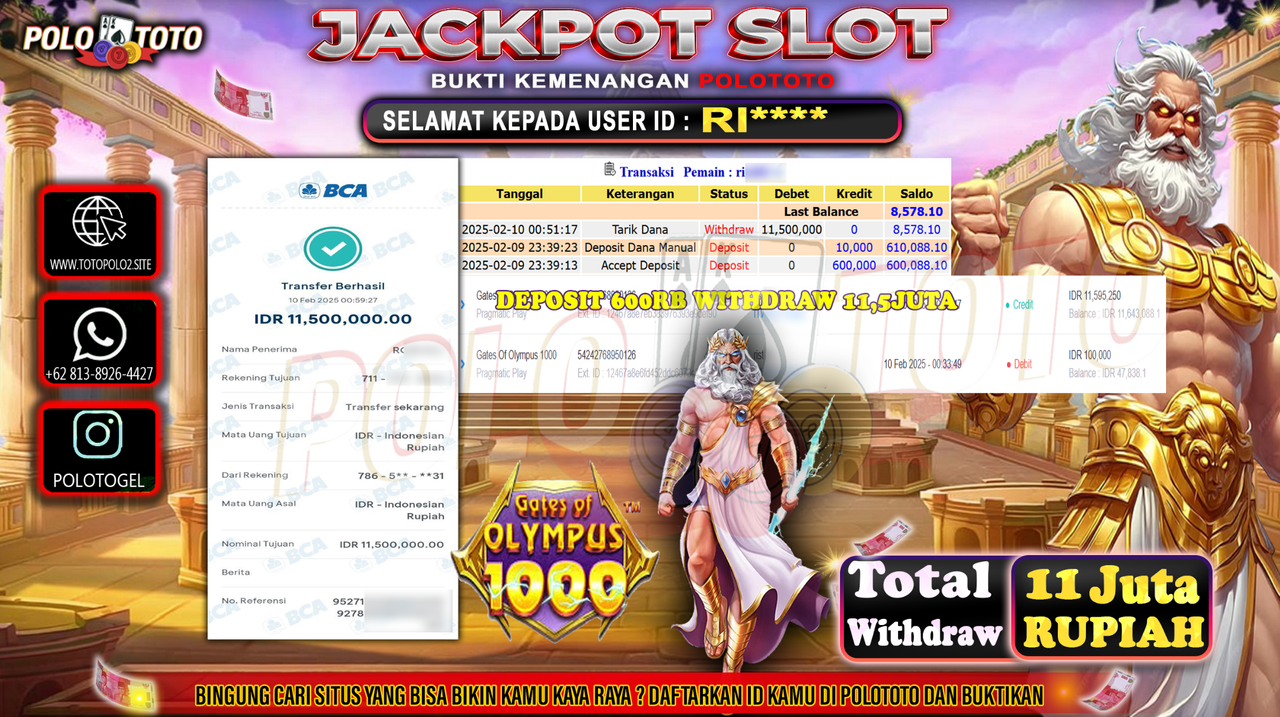 POLOTOTO JACKPOT SLOT GATES OF OLYMPUS 1000 Rp.11,500.000,-