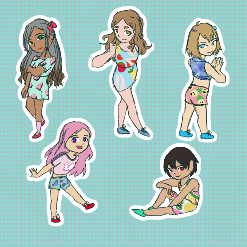 A digital drawing of Torai, Saffron, Ome, Beryl, and Aura in a cute deformed style. They are all wearing beachwear in largely pastel shades. Torai's and Saffron's hair colors are brown in this image.