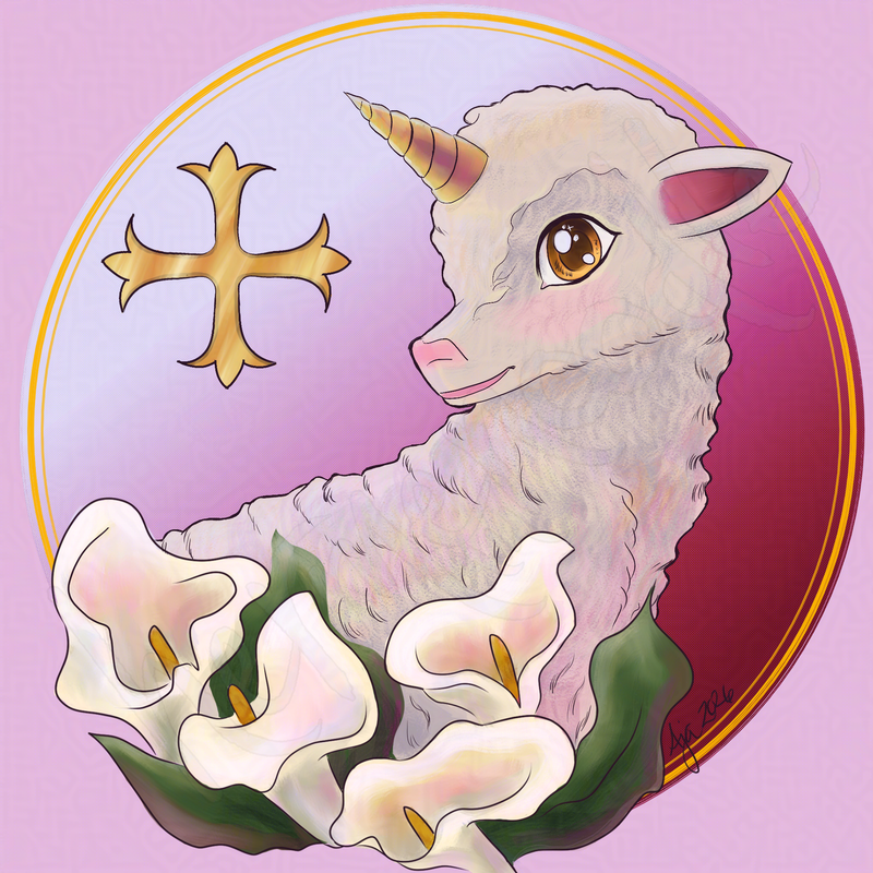 A lamb with a unicorn horn posed in a profile with calla lilies at the bottom with a golden circular frame against a textured gradient background and a fleur de lys cross.