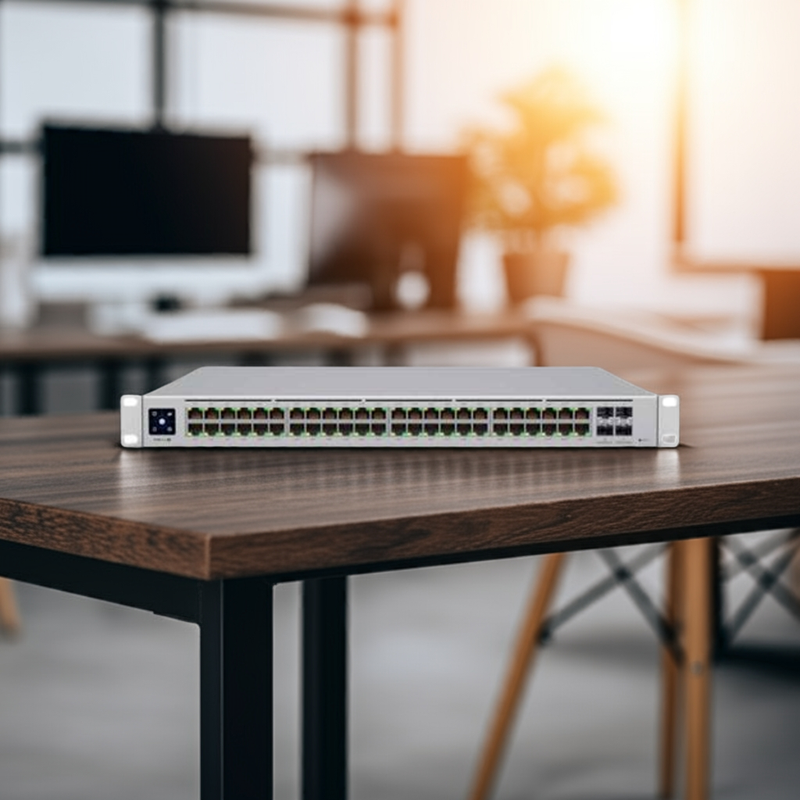 Close-up das portas SFP+ de 10Gbps do switch