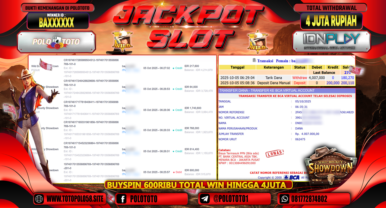 POLOTOTO JACKPOT SLOT WILD BOUNTY SHOWDOWN Rp.4.000.000,- LUNAS