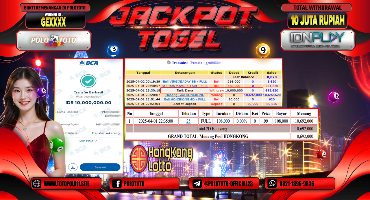 POLOTOTO JACKPOT TOGEL PASARAN HONGKONG  Rp.10.000.000,- LUNAS