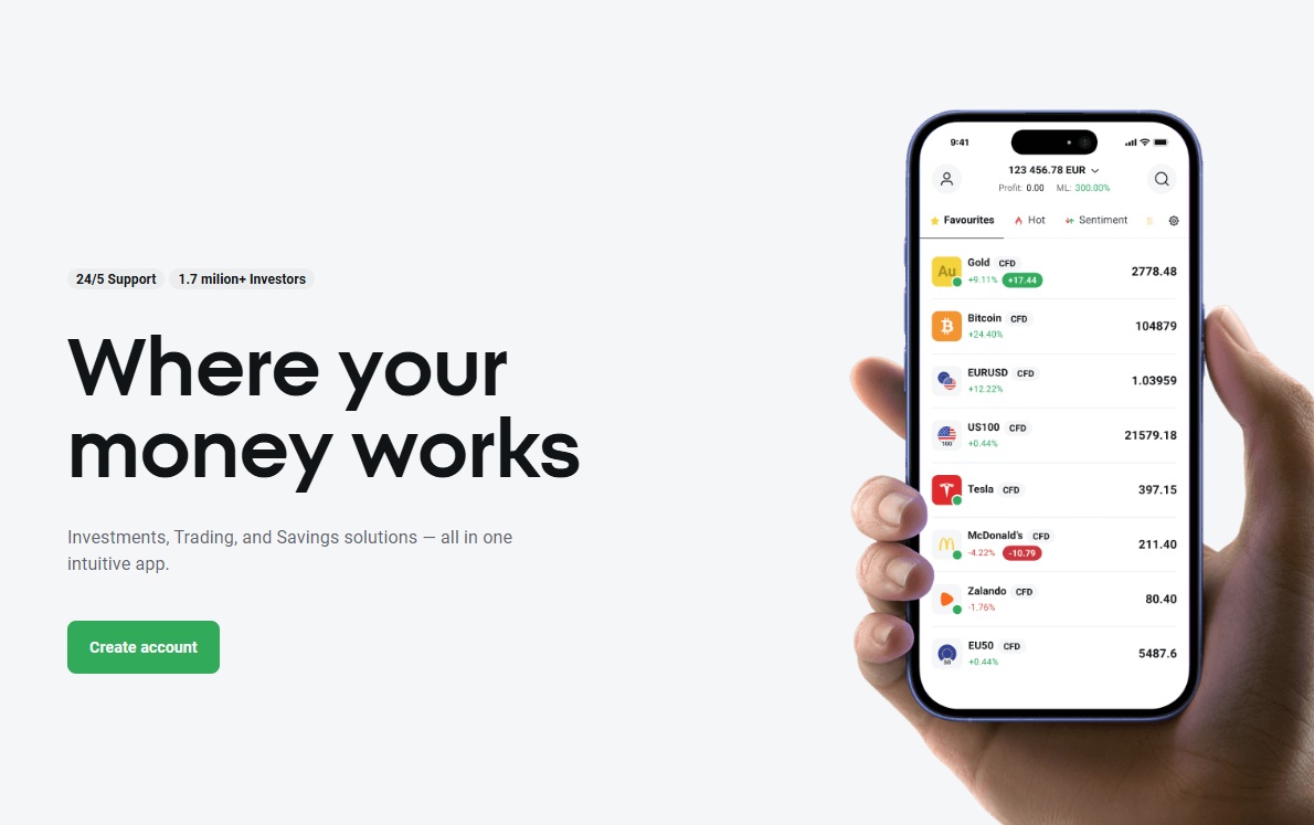 XTB trading app interface with live market data and CFD options.