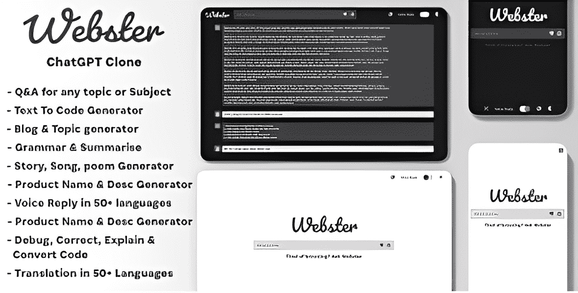 Webster – ChatGPT Clone Text To Code Q&A Blog Generator Grammar Summarise Translate SEO Page Builder PHP