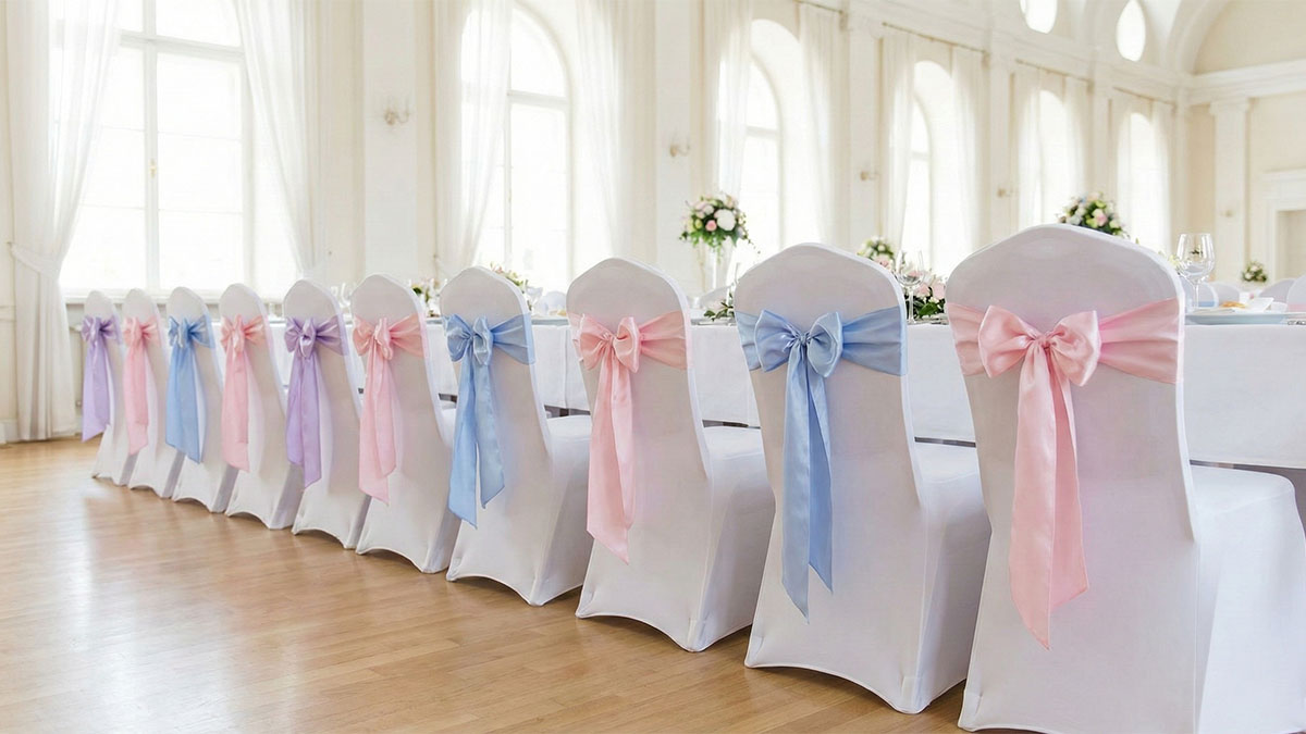 Банкетные стулья в белых чехлах с декоративными лентами