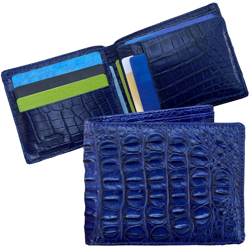 Real Blue Crocodile Skin Leather Men's Bifold Wallet Double-Sided