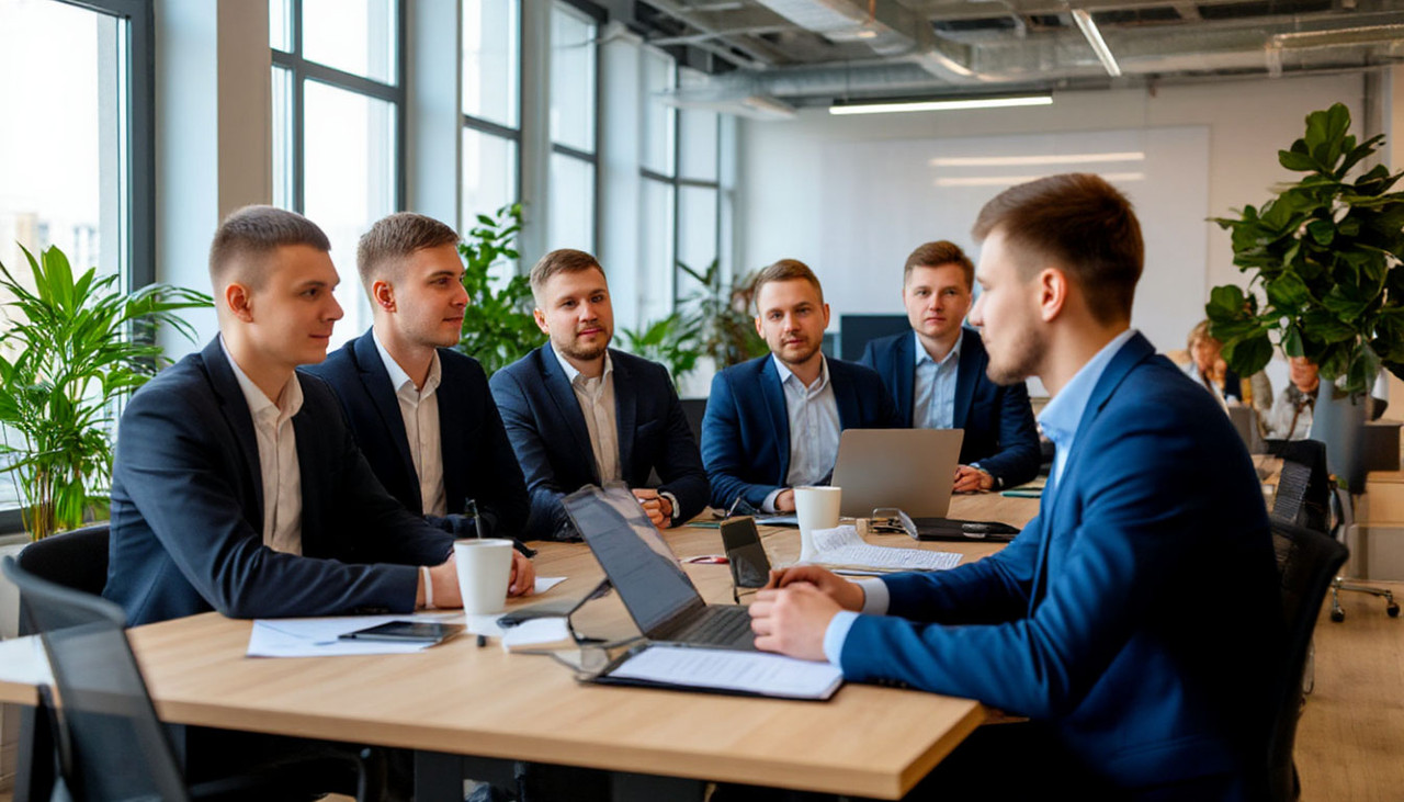 Коллектив SEO-студии обсуждает стратегию продвижения