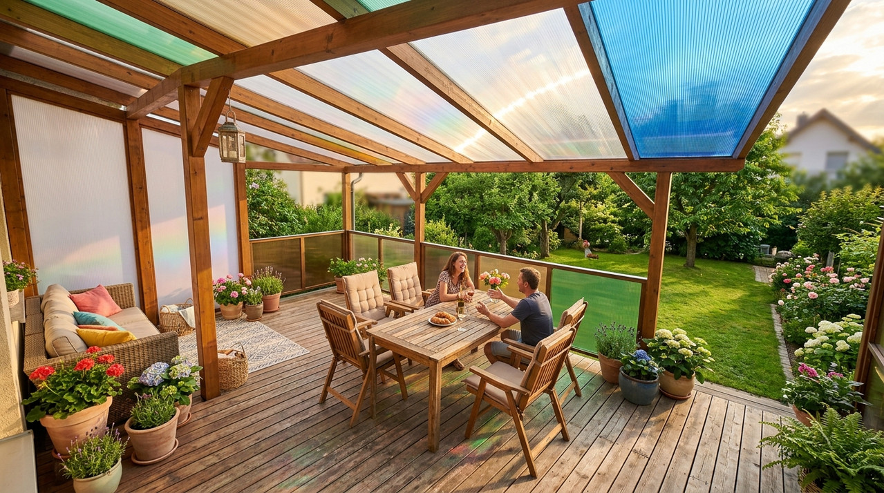 Различные цвета поликарбоната на навесах и террасах: от прозрачного до бронзового