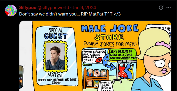 a tweet saying don't say we didn't warn you MatPat RIP with a screenshot of one of their videos that has a poster depicting MatPat advertising that you should see him before he dies soon