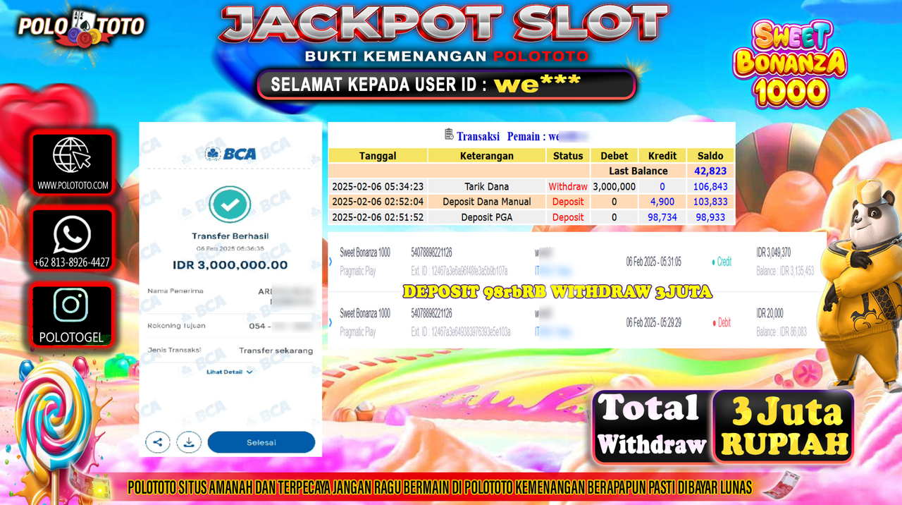 POLOTOTO JACKPOT SLOT SWEET BONANZA 1000 Rp.3,000.000,-
