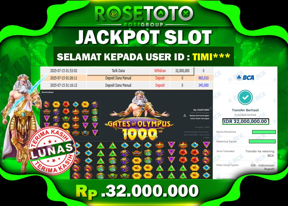 ROSETOTO JACKPOT SLOT Gates Of Olympus 1000 Rp.32.000.000.,- LUNAS