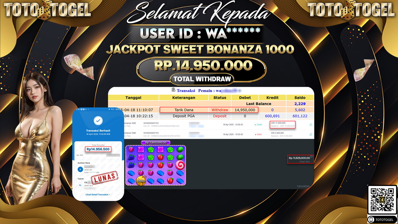 Bukti Pembayaran Jackpot  Permainan Slot Sweet Bonanza 1000 ID:WA****** LUNAS