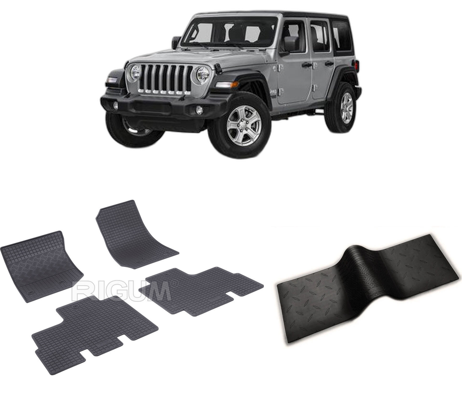 Set covorase auto JEEP WRANGLER din 10.2006-04.2018, cu covoras tunel median, CAROSERIE SUV INCLUSIV FACELIFT, Presuri cauciuc 100%, compatibil cu autoturismul JEEP WRANGLER, Rigum