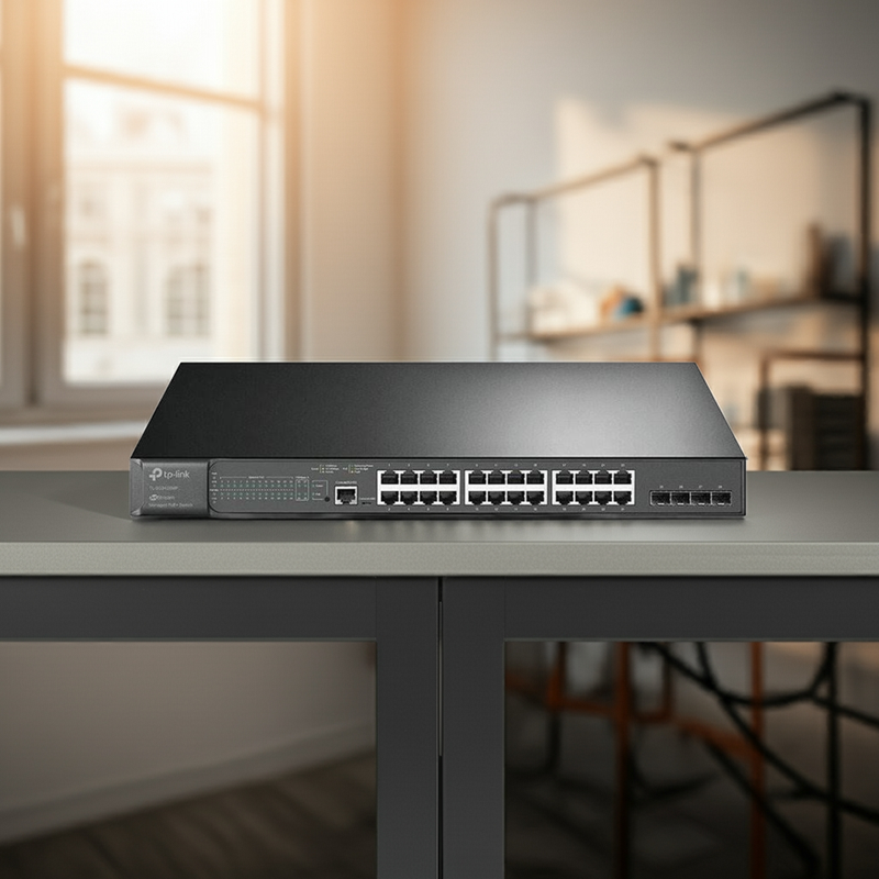 Painel frontal do switch com 24 portas RJ45 e 4 SFP