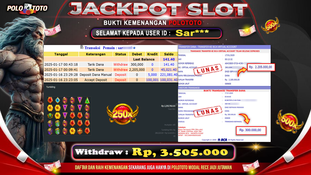 POLOTOTO JACKPOT SLOT GATES OF OLYMPUS 1000 Rp.3,505.000,-