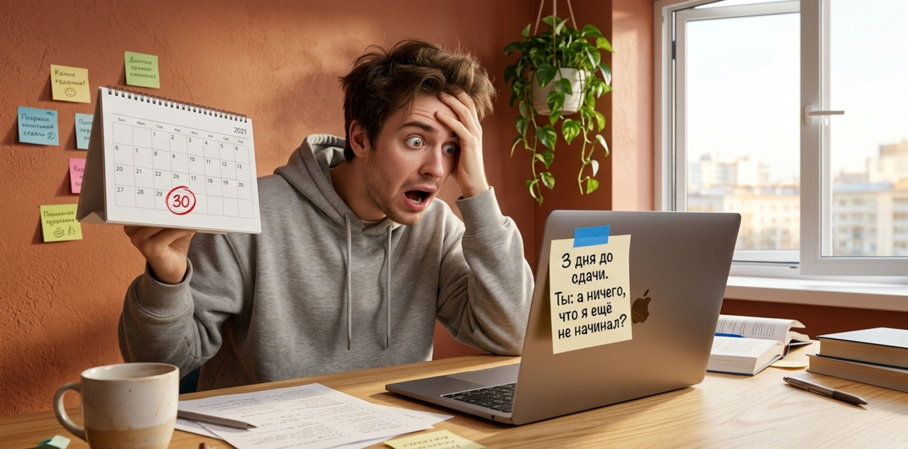 student sitting at a modern wooden desk in a cozy but vibrant study room