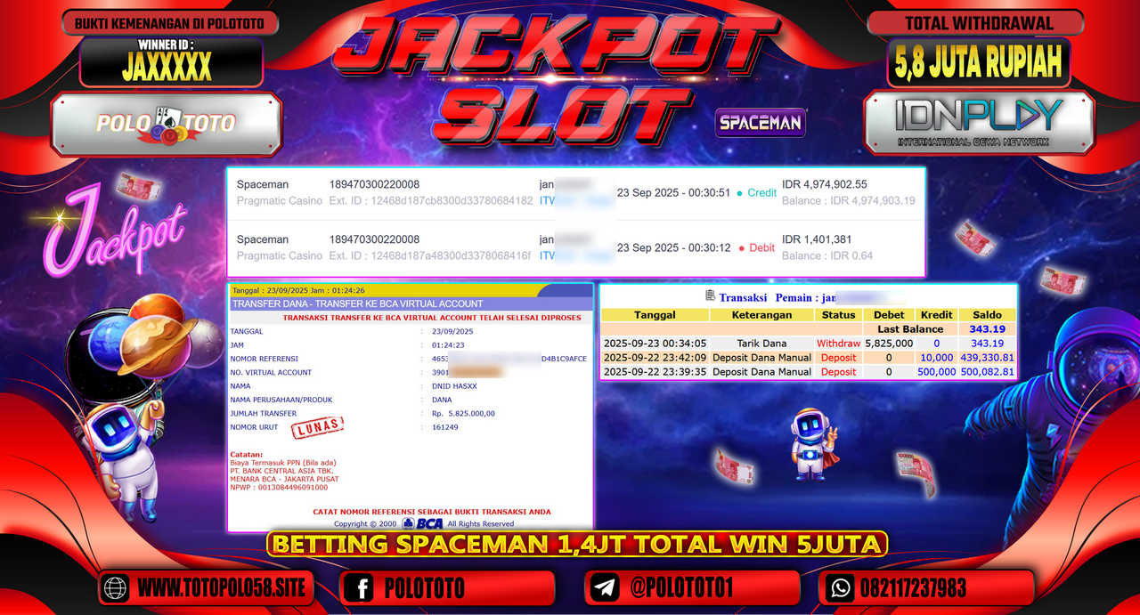 POLOTOTO JACKPOT SLOT SPACEMAN Rp.5.825.000,-
