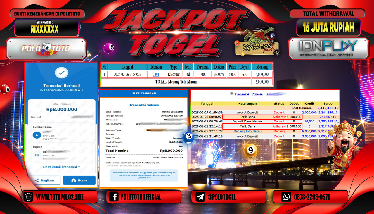 POLOTOTO JACKPOT TOGEL TOTO MACAU Rp.16.000.000,-