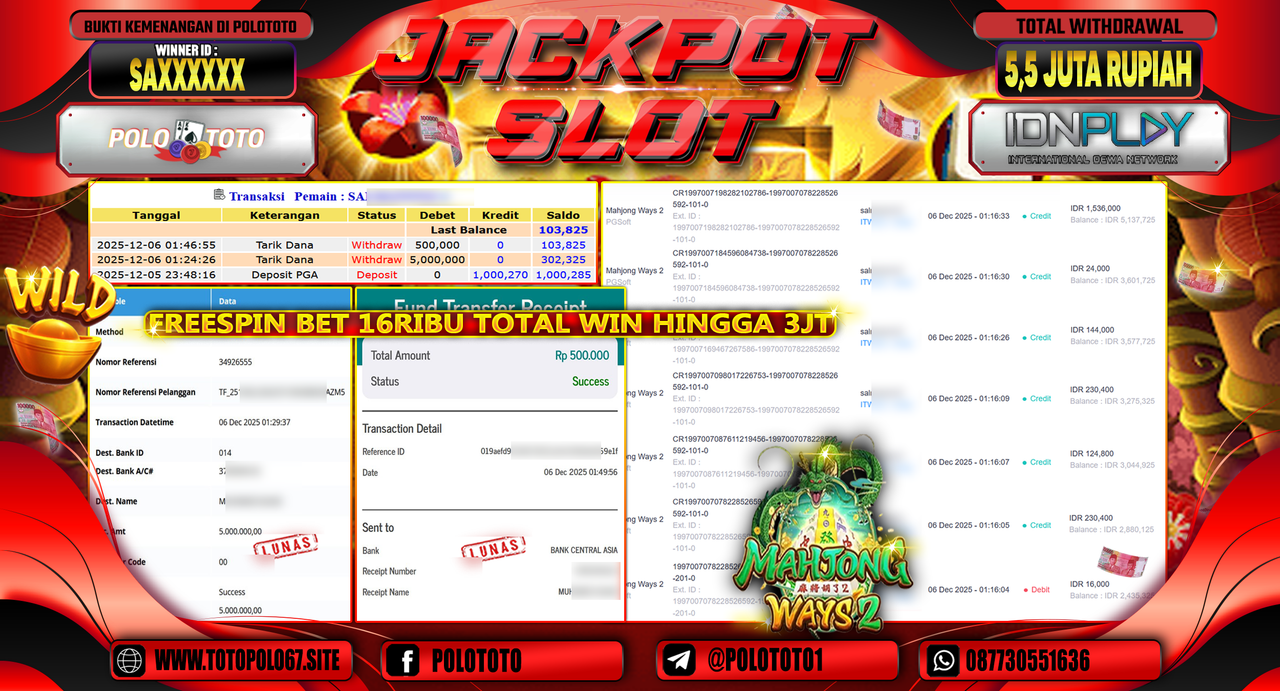 POLOTOTO JACKPOT SLOT MAHJONG WAYS 2 Rp.5.500.000,- LUNAS