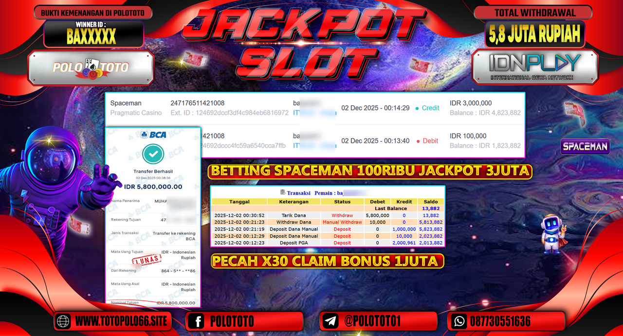 POLOTOTO JACKPOT SLOT SPACEMAN Rp.5.800.000,- LUNAS