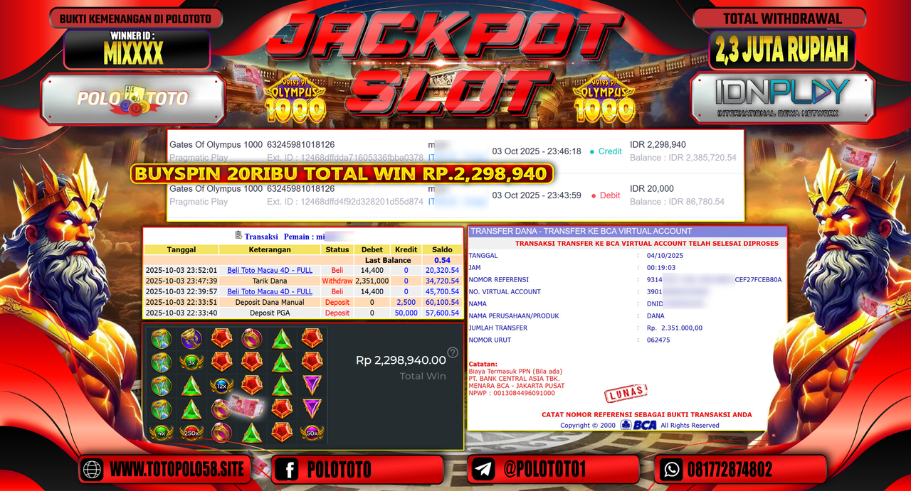 POLOTOTO JACKPOT SLOT GATES OF OLYMPUS 1000 Rp.2.300.000,- LUNAS