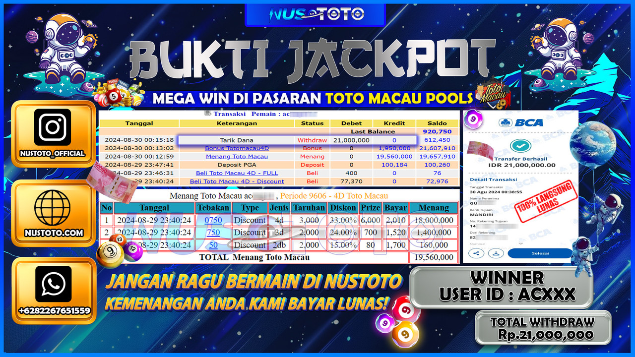 JACKPOT !! MENANG BESAR DI TOTO MACAU POOLS SENILAI Rp.21.000.000 DIBAYAR LUNAS NUSTOTO !!