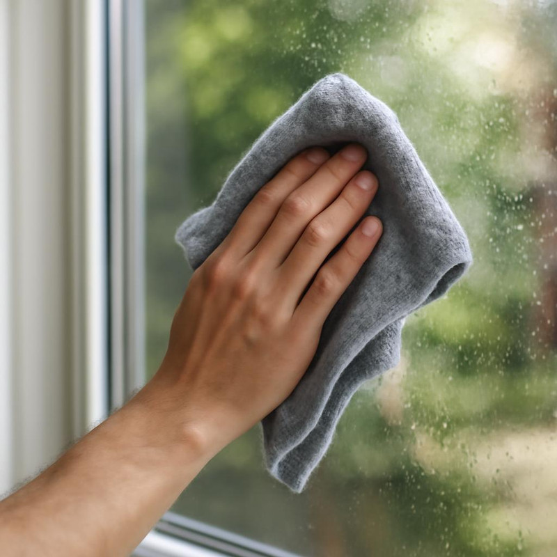 Процесс сушки окон микрофибровой салфеткой