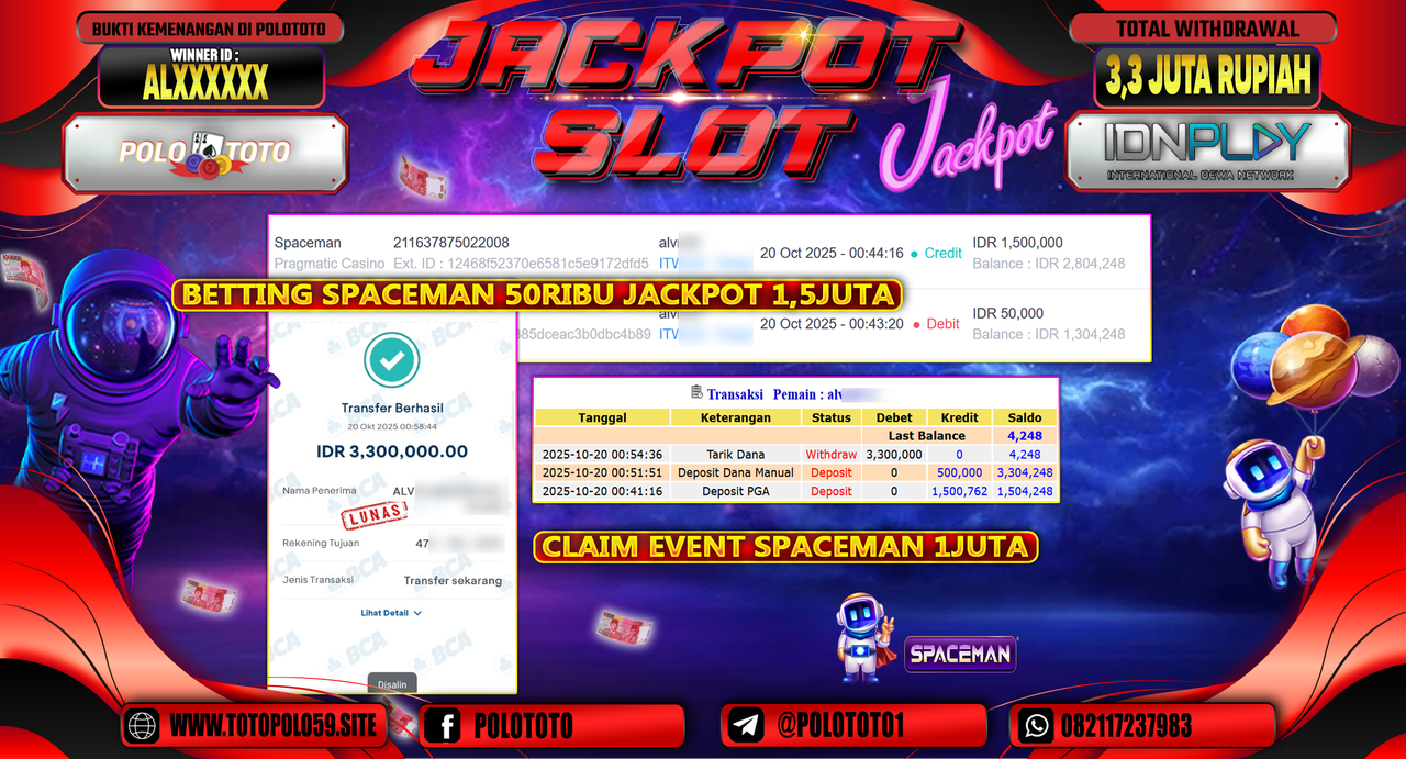 POLOTOTO JACKPOT SLOT SPACEMAN Rp.3.300.000,- LUNAS