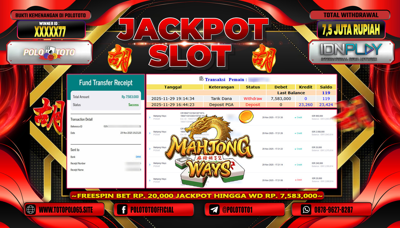 POLOTOTO JACKPOT SLOT MAHJONG WAYS Rp.7.500.000,- LUNAS