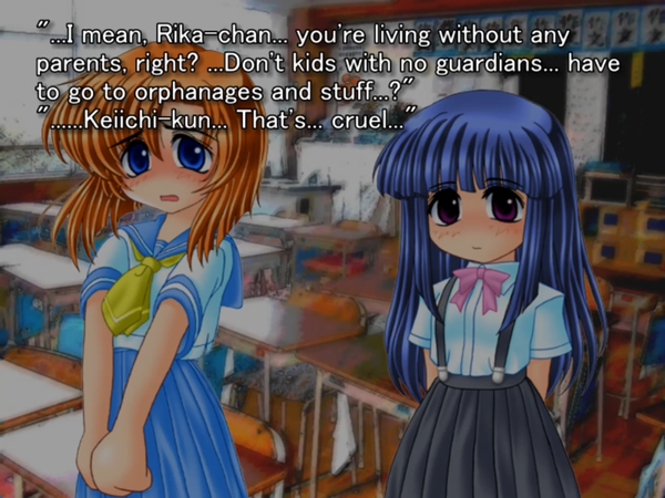 still image from the original higurashi visual novel. rena and rika are onscreen and frowning with concern. keichi says “… I mean, Rika-Chan… you’re living without any parents, right? …Don’t kids with no guardians… have to go to orphanages and stuff?” rena responds “… Keichi-kun… that’s… cruel…”