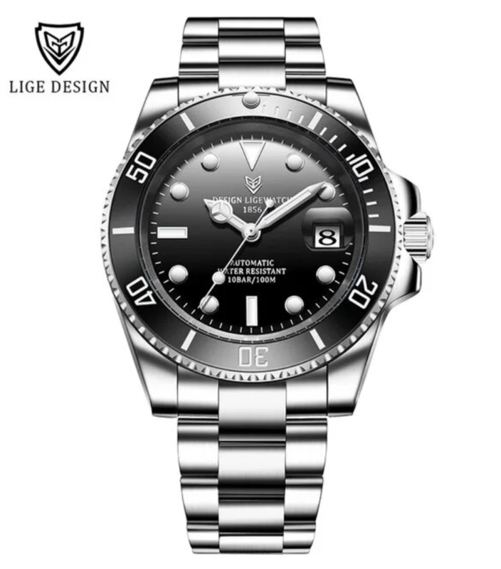 BNIB LIGE 6801 AUTOMATIC ALL STEEL DIVE WATCH BLACK HIGH