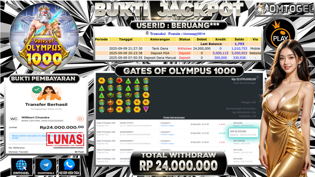 OMTOGEL JACKPOT PRAGMATIC PLAY GATES OF OLYMPUS 1000 24 JUTA DI BAYAR LUNAS ,-