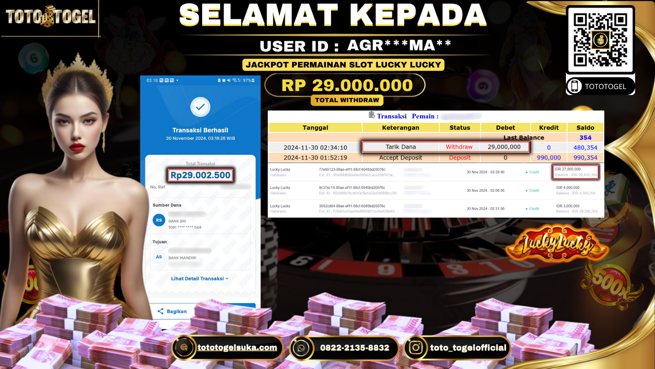 Bukti Pembayaran Jackpot Permainan Slot Lucky Lucky ID: AGR***MA** LUNAS 