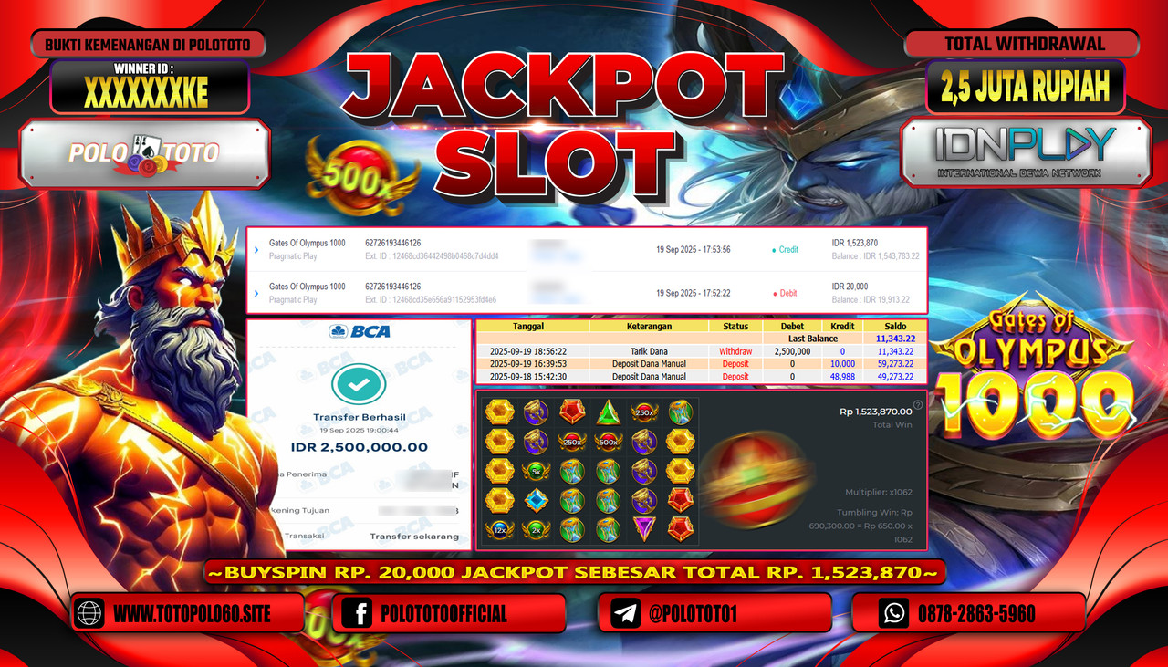 OLOTOTO JACKPOT SLOT GATES OF OLYMPUS 1000 Rp.2.500.000,- LUNAS