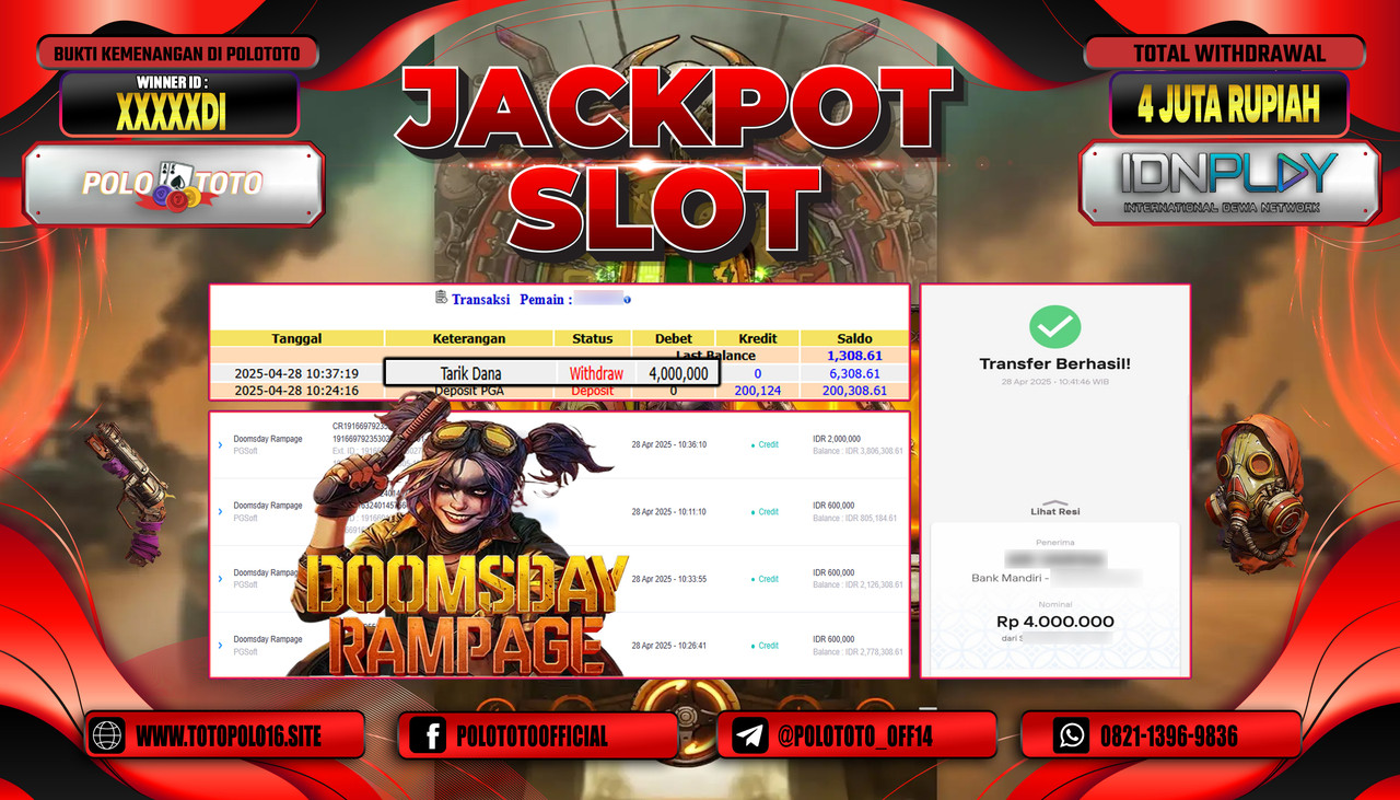 POLOTOTO JACKPOT SLOT DOOMSDAY RAMPAGE Rp.4.000.000,- 