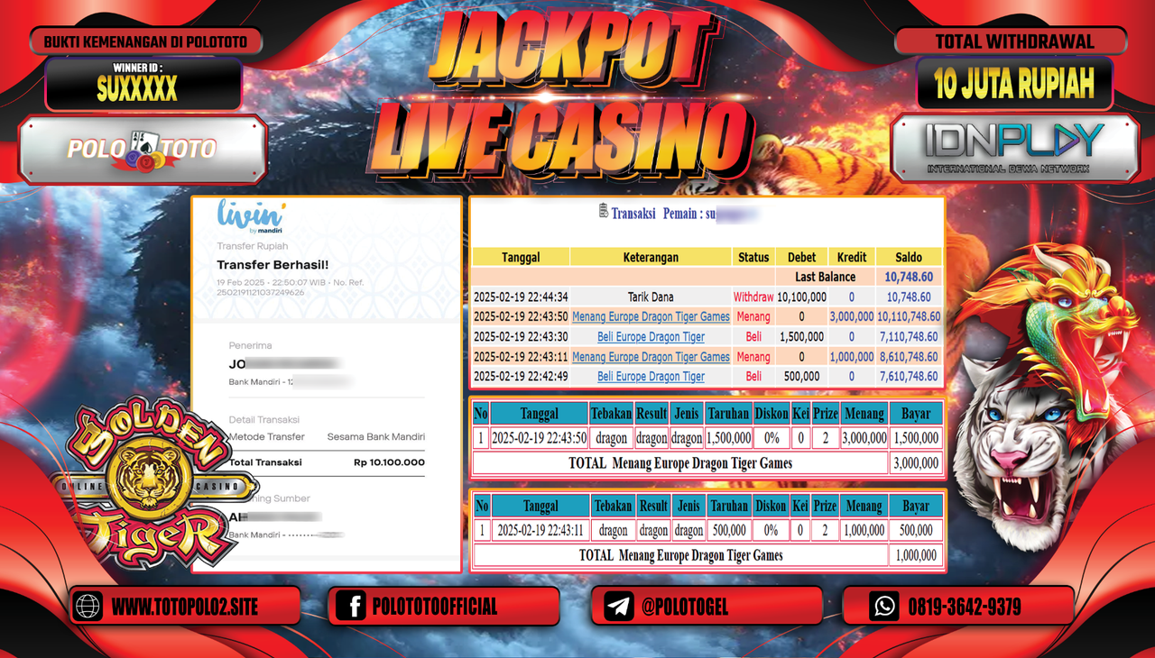 POLOTOTO JACKPOT LIVE CASINO EUROPE TIGER GAMES  Rp.10.100.000,-