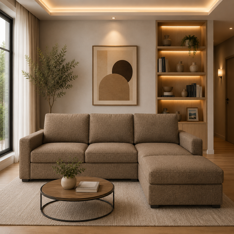 كنبة زاوية رُكنة على شكل حرف L بتصميم عصري قماش عالي الجودة - اللون بنى - مقاس 250 / 250 × 80 × 75 سم