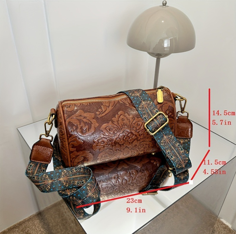Green Vintage Embossed Crossbody Barrel Bag with Wide Adjustable Guitar Strap