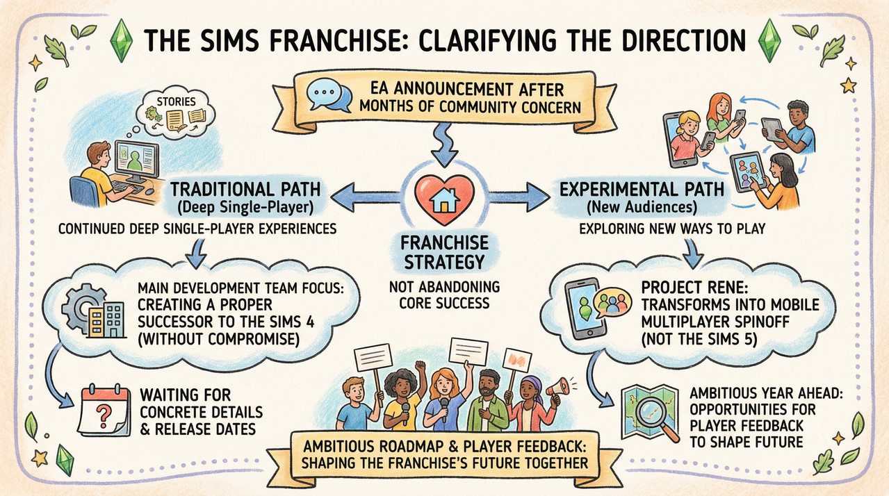 Person playing life simulation game on computer setup